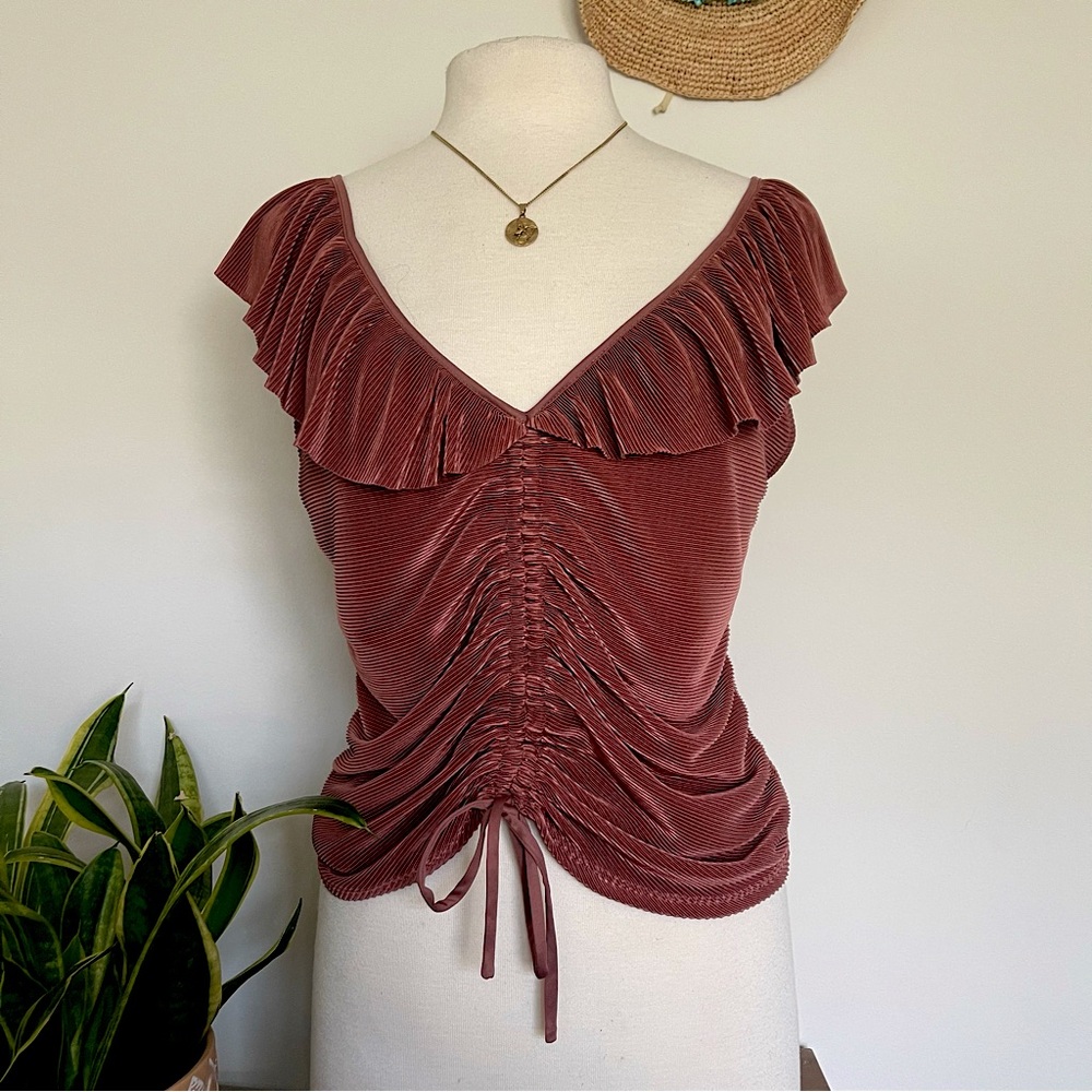 Cinched V Neck Ruffle Top